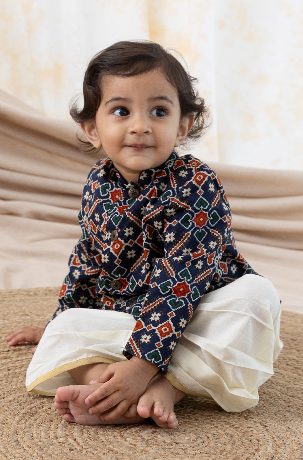 Tiber Taber Baby Boys Geometric Print Kurta and Dhoti Set, Navy Blue and Cream