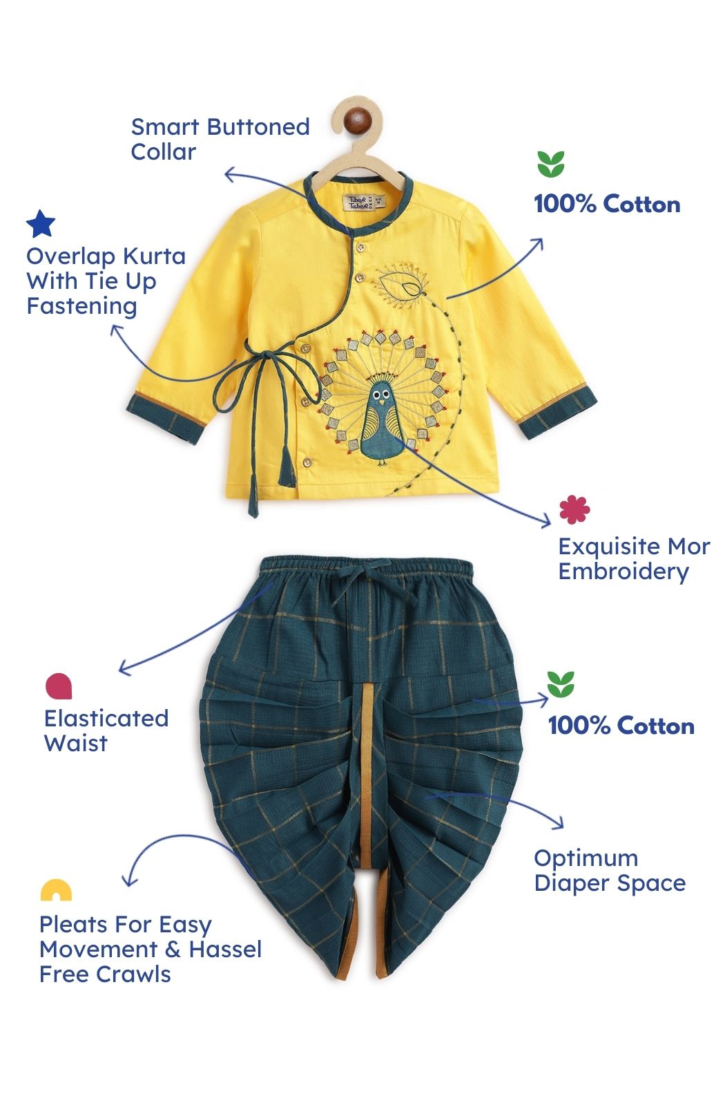 Tiber Taber Baby Boys Printed Kurta and Dhoti Set, Green and Yellow