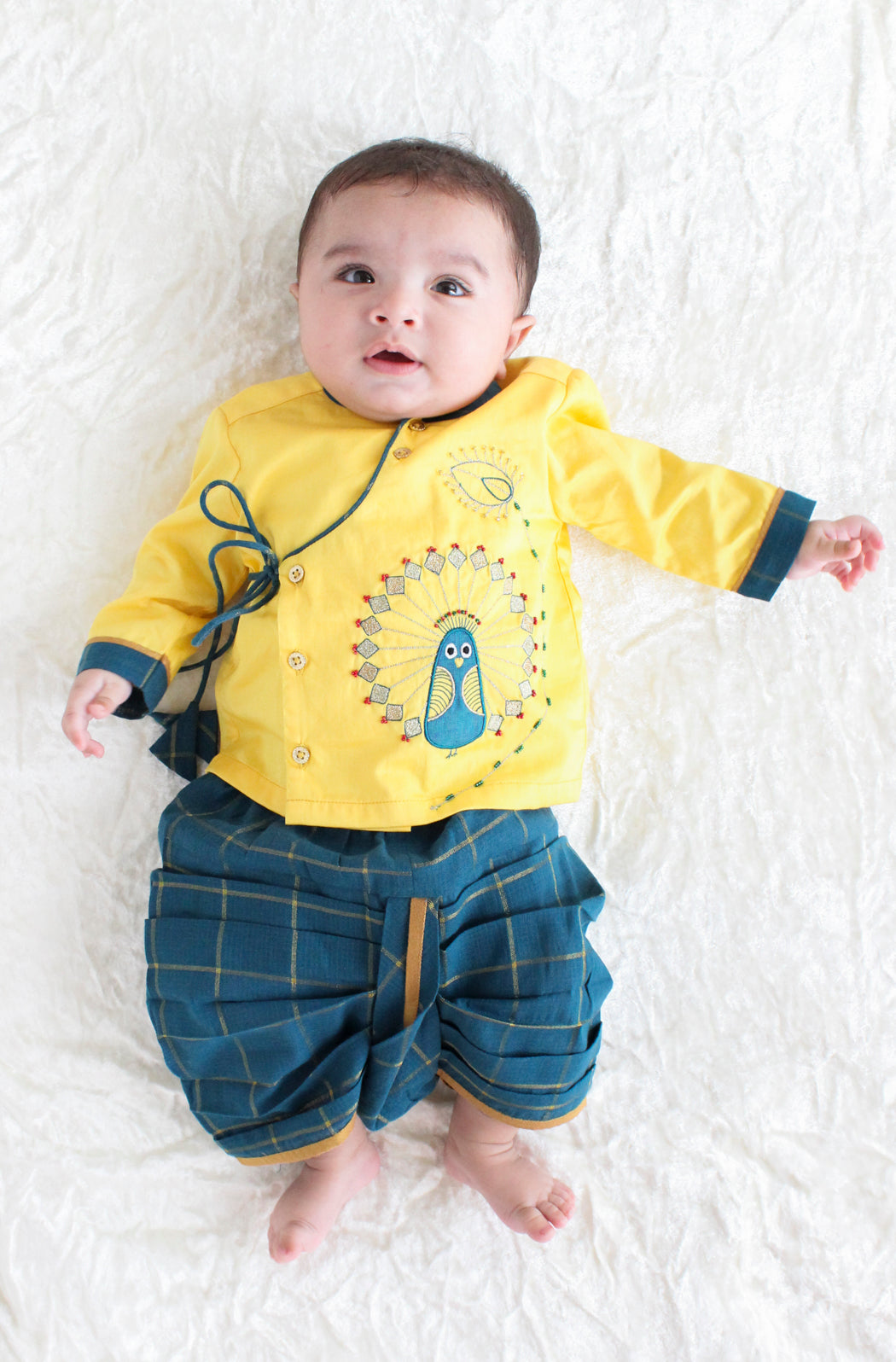 Tiber Taber Baby Boys Printed Kurta and Dhoti Set, Green and Yellow