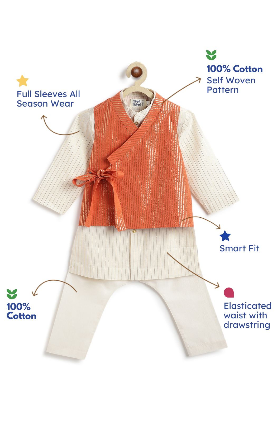 Tiber Taber Baby Boys Printed Kurta and Pyjama Set, Orange and off White