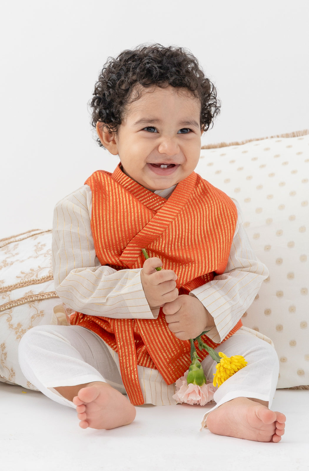 Tiber Taber Baby Boys Printed Kurta and Pyjama Set, Orange and off White