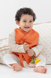 Tiber Taber Baby Boys Printed Kurta and Pyjama Set, Orange and off White