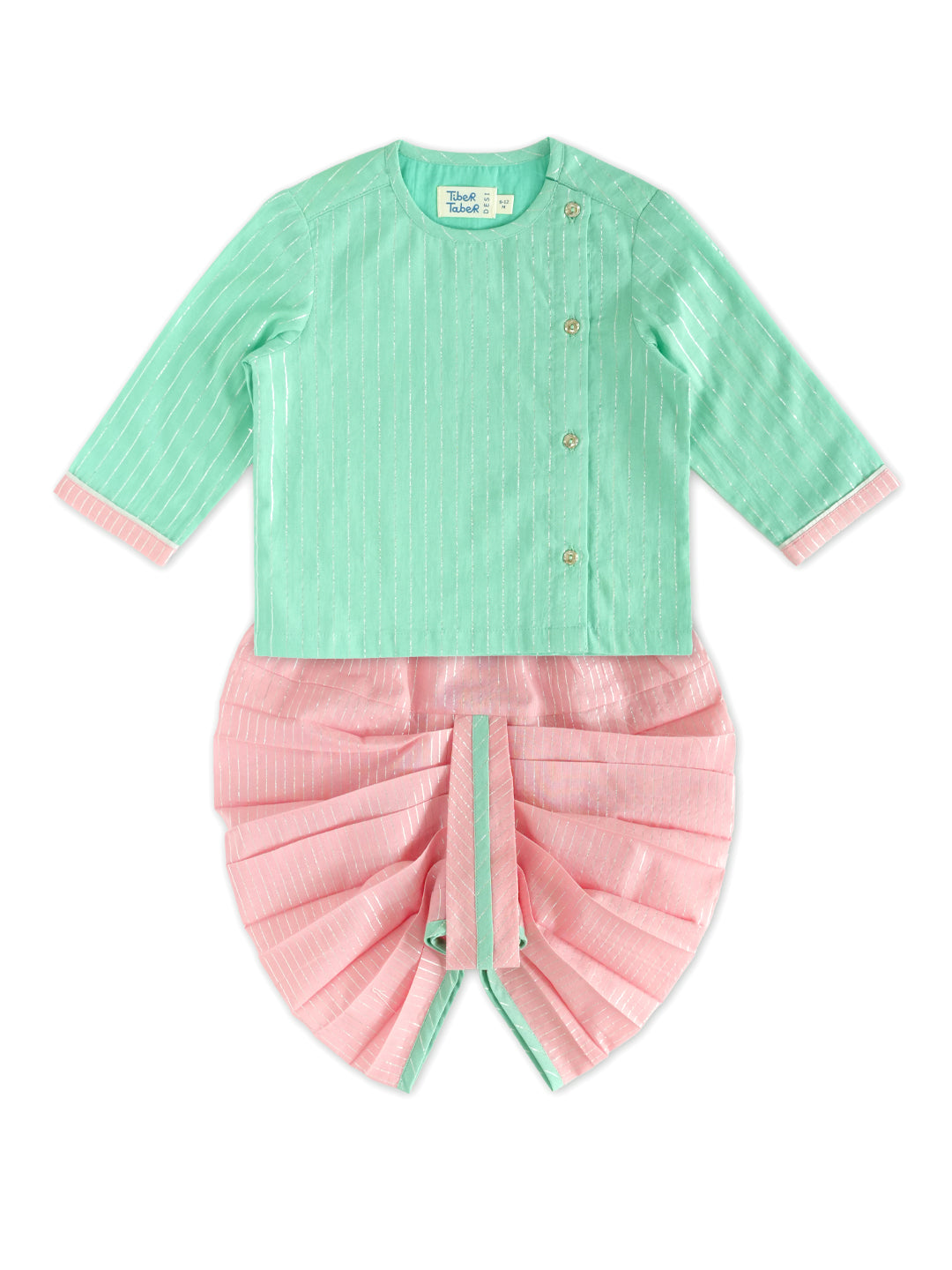 Tiber Taber Baby Boys Printed Kurta and  Dhoti Set, Green and Pink