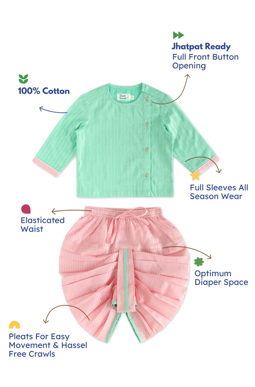 Tiber Taber Baby Boys Printed Kurta and  Dhoti Set, Green and Pink