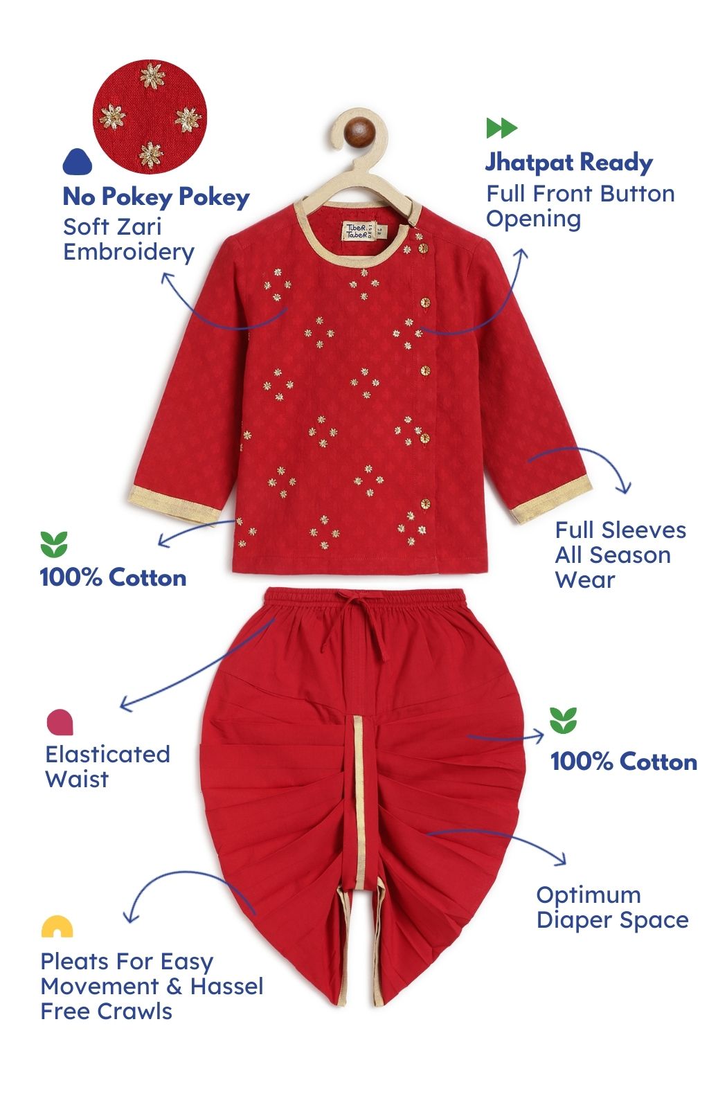 Tiber Taber Baby Boys Printed Kurta and Pyjama Set, Red