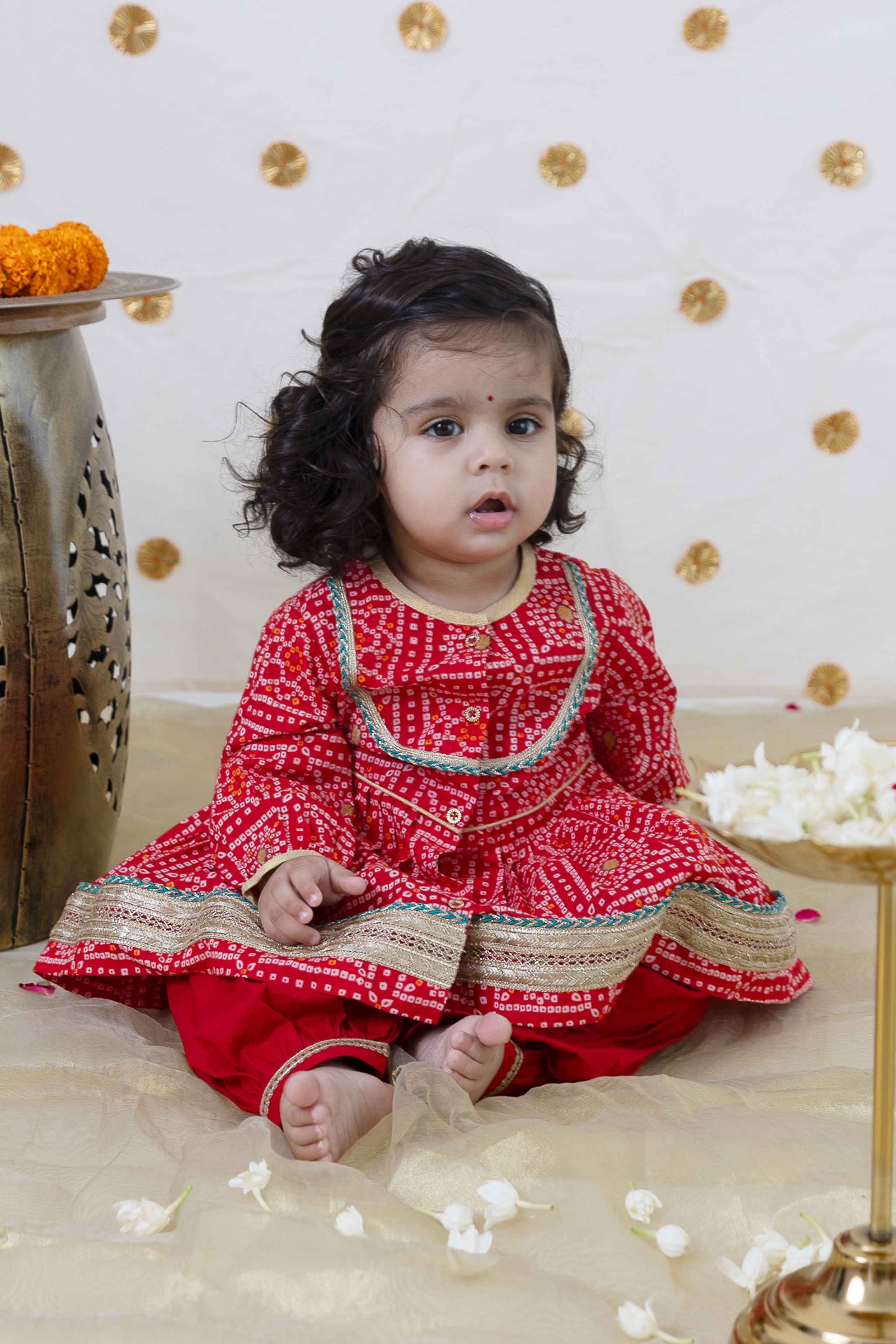 Tiber Taber Baby Girls Printed Angrakha Kurta and Salwar Set, Red