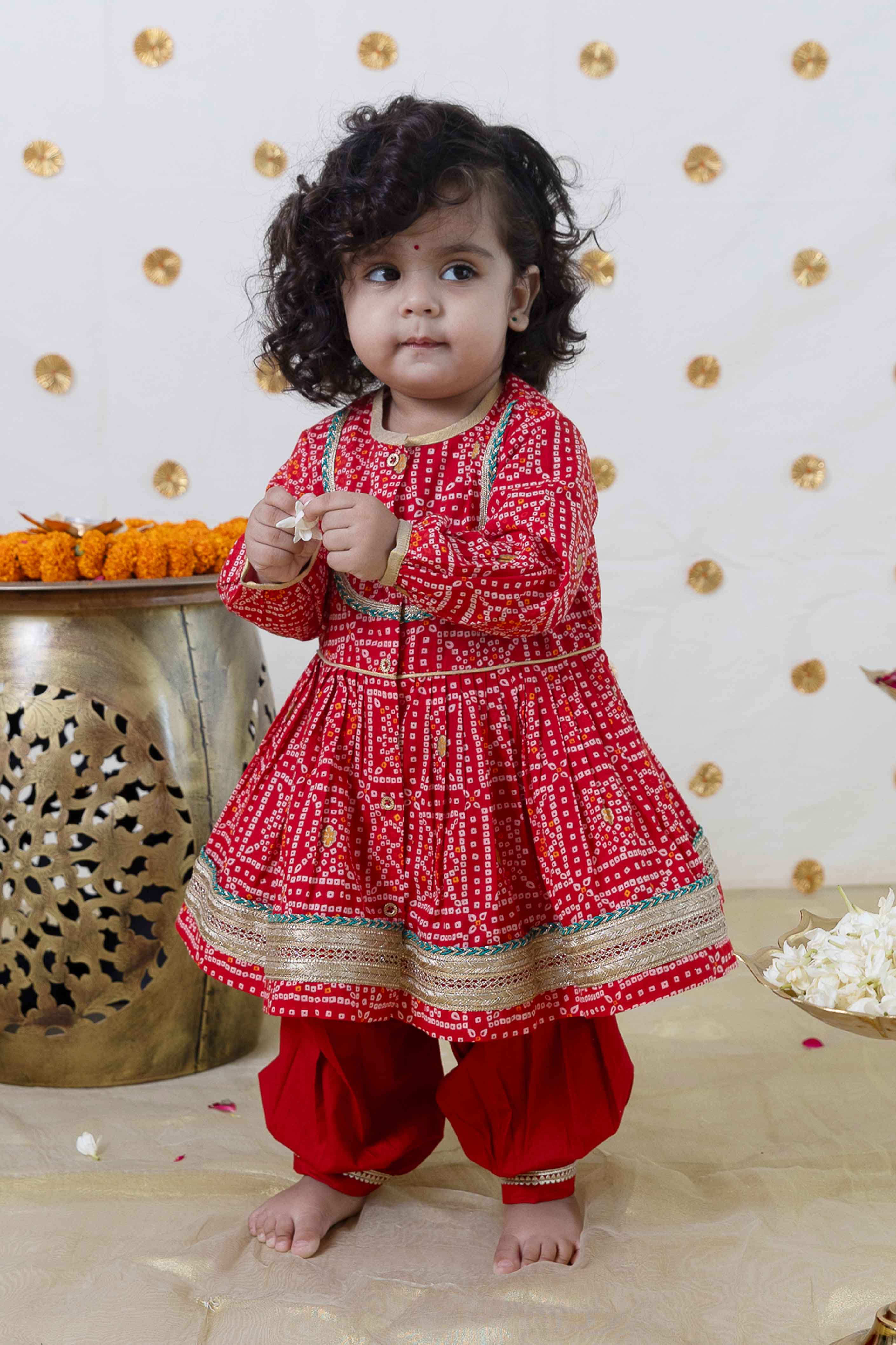 Tiber Taber Baby Girls Printed Angrakha Kurta and Salwar Set, Red