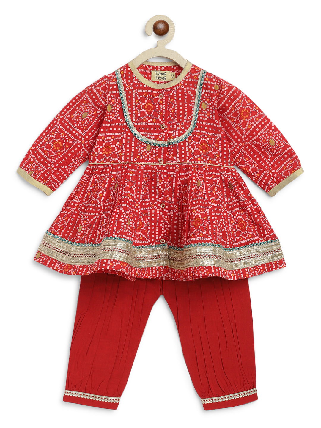 Tiber Taber Baby Girls Printed Angrakha Kurta and Salwar Set, Red