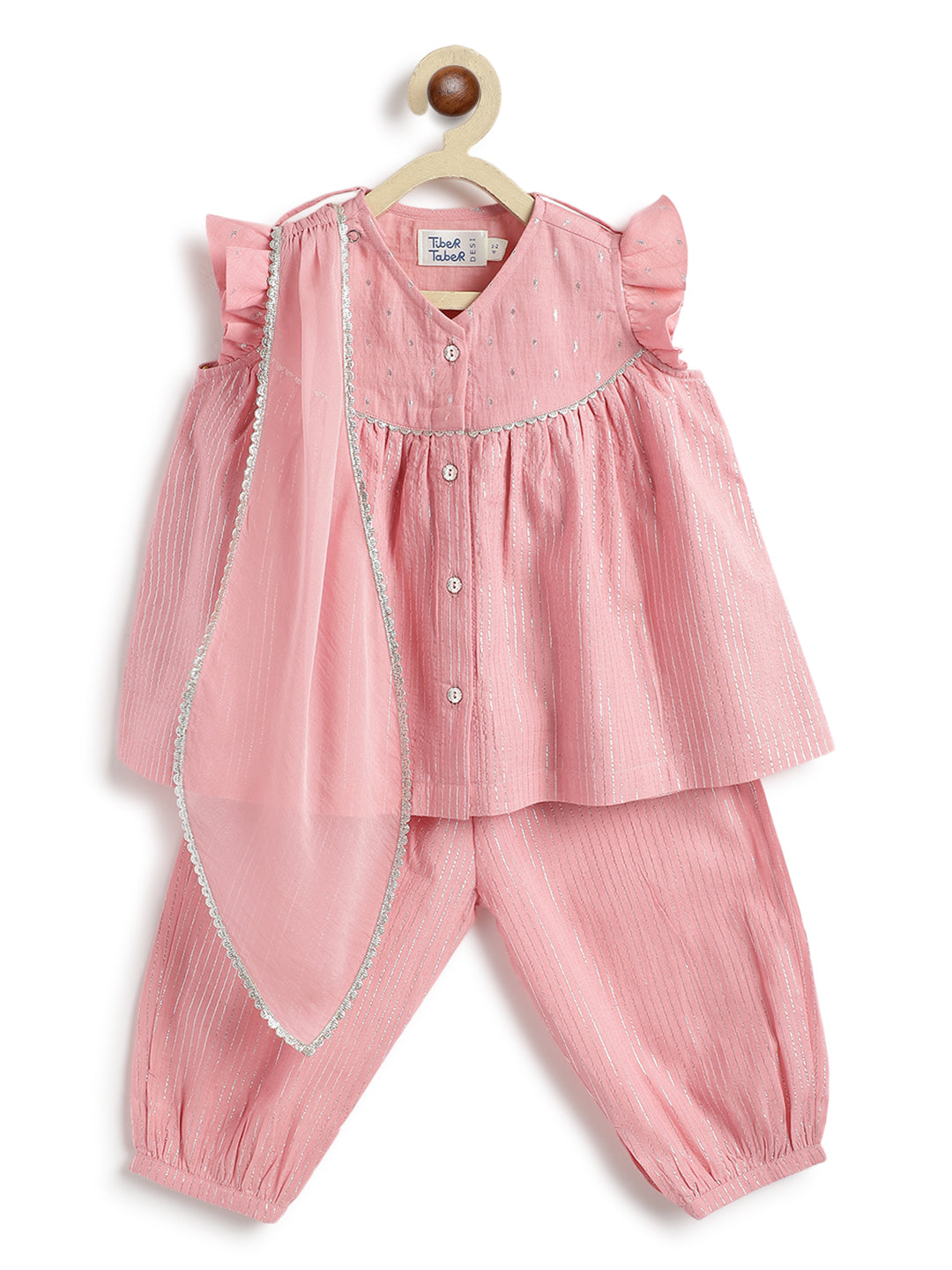 Tiber Taber Baby Girls Printed Angrakha Kurta and Salwar Set, Pink