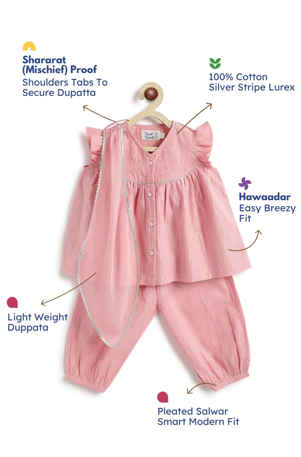 Tiber Taber Baby Girls Printed Angrakha Kurta and Salwar Set, Pink
