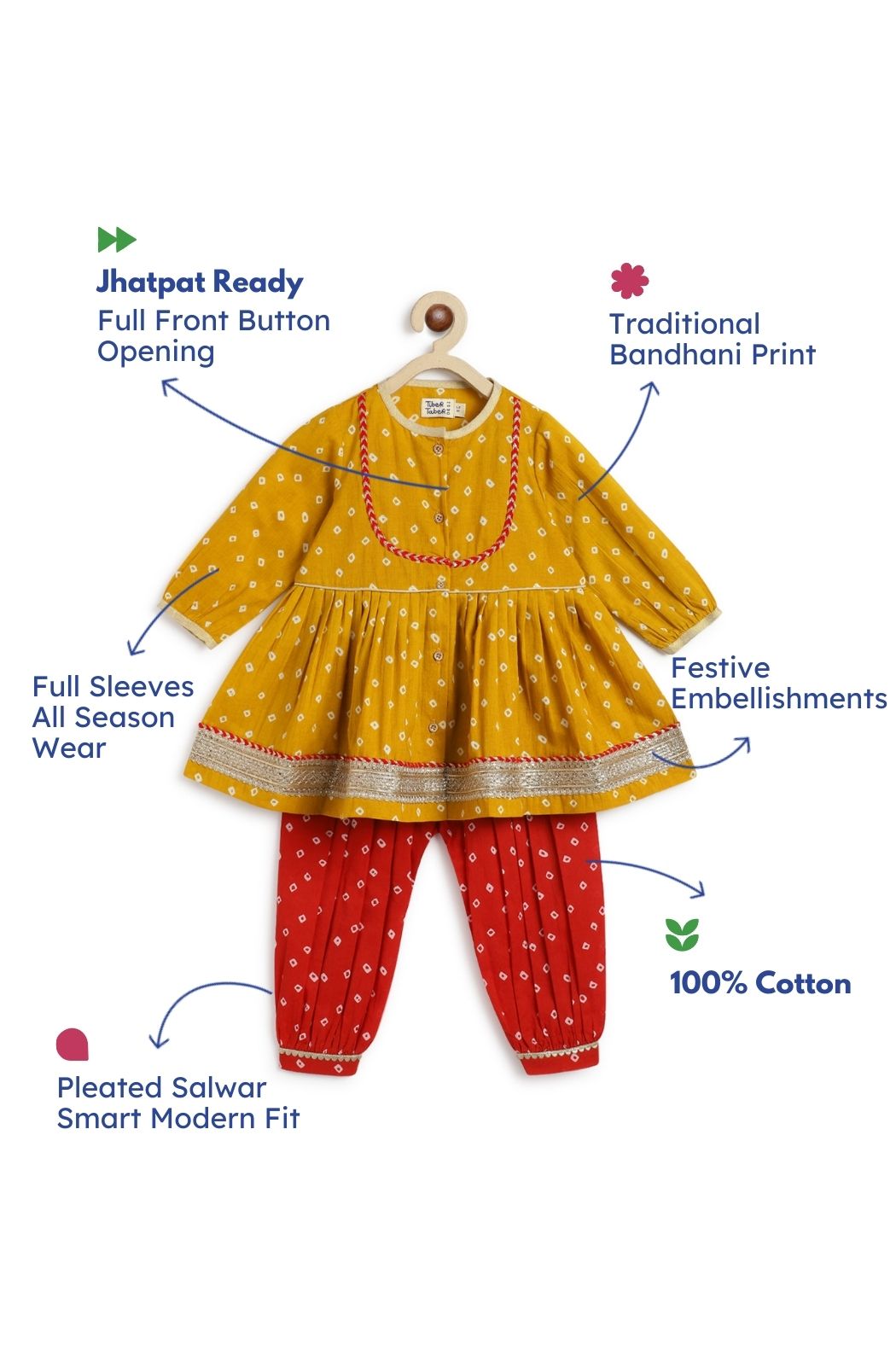 Tiber Taber Baby Girls Printed Angrakha Kurta and Salwar Set, Red and Mustard Yellow