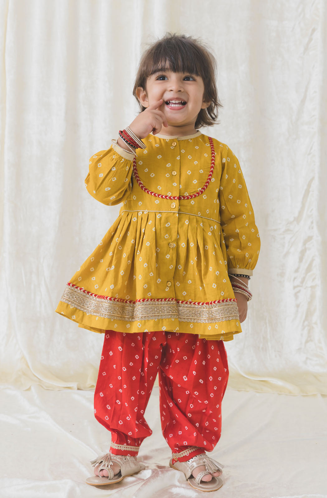 Tiber Taber Baby Girls Printed Angrakha Kurta and Salwar Set, Red and Mustard Yellow