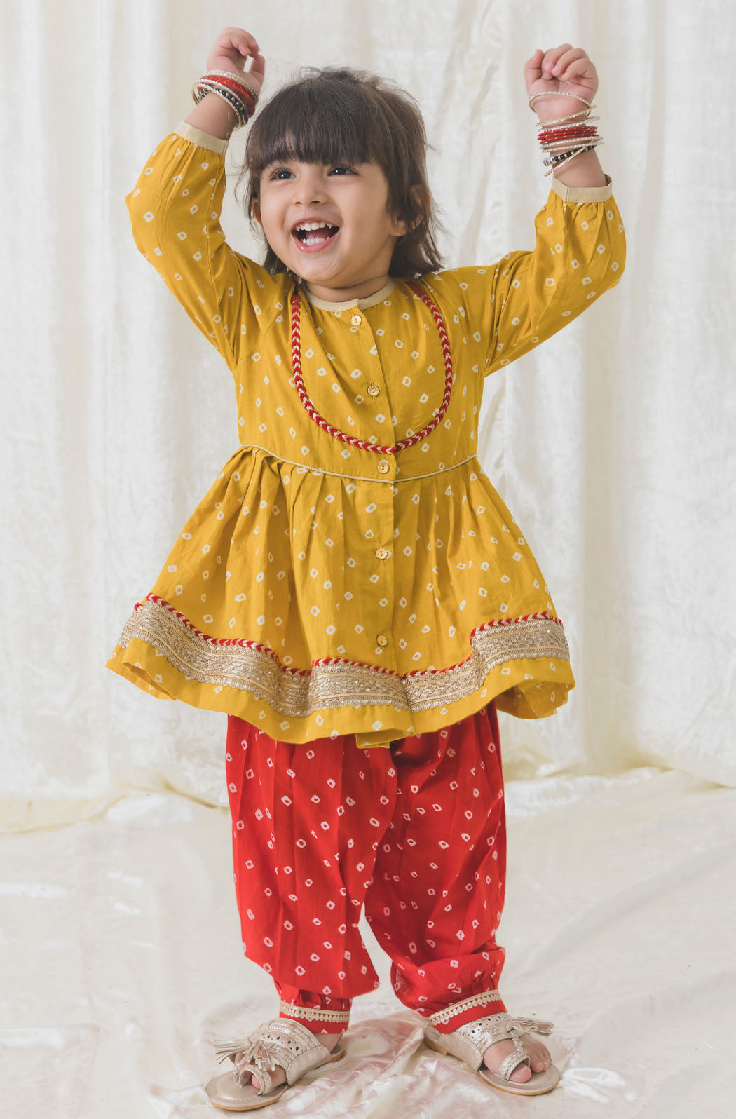 Tiber Taber Baby Girls Printed Angrakha Kurta and Salwar Set, Red and Mustard Yellow