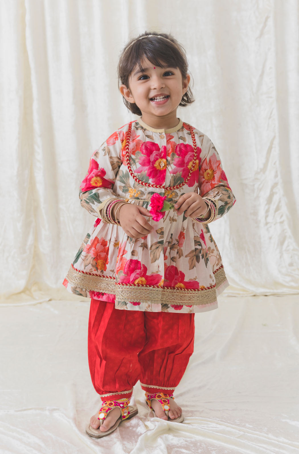 Tiber Taber Baby Girls Printed Angrakha Kurta and Salwar Set, Red