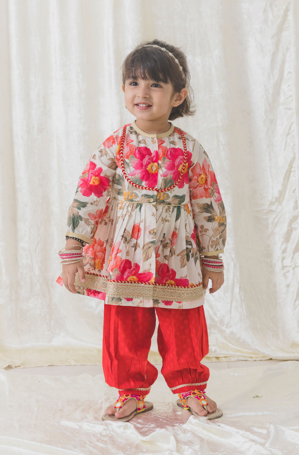 Tiber Taber Baby Girls Printed Angrakha Kurta and Salwar Set, Red