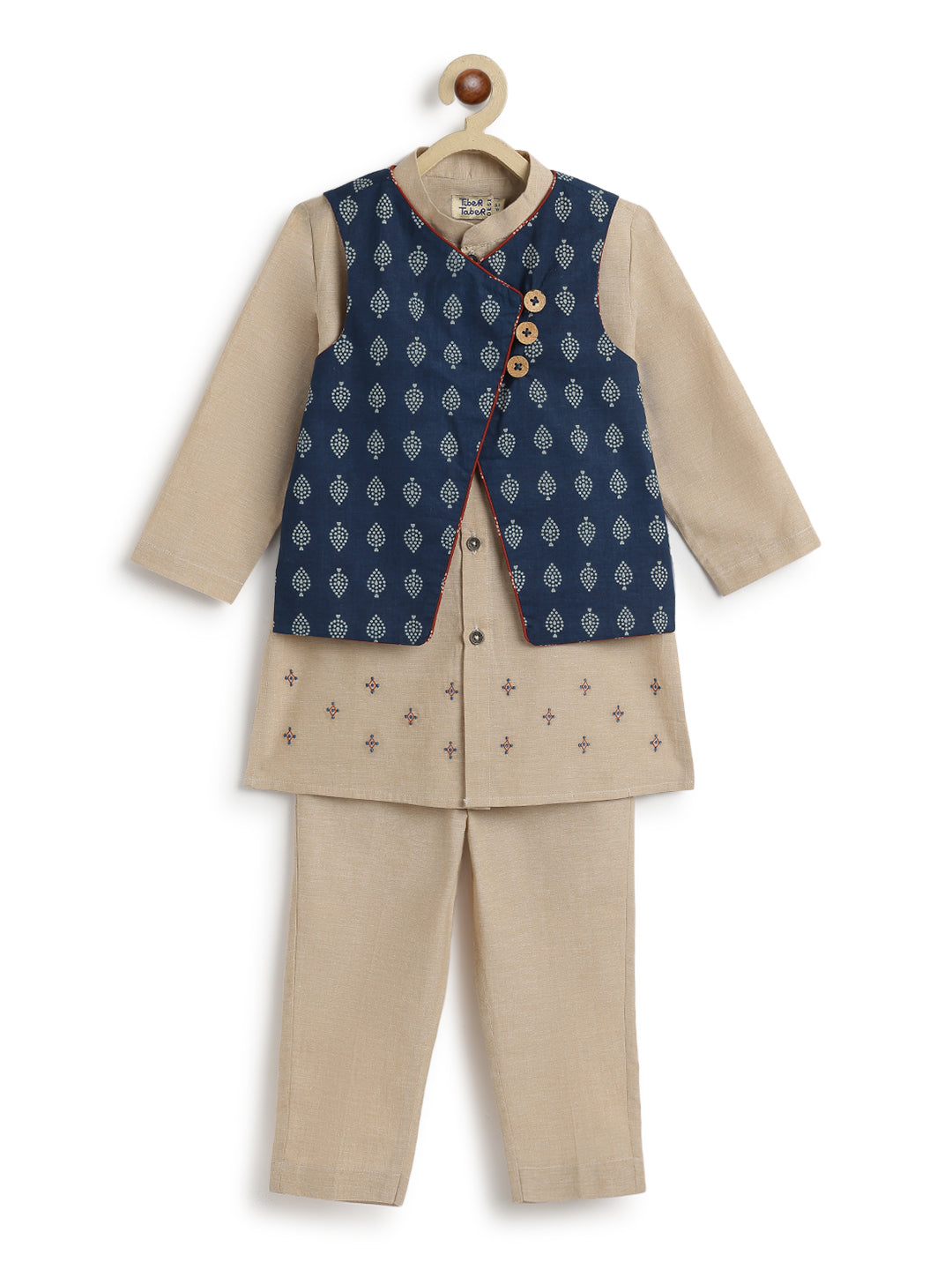 Tiber Taber Boys Buta Print Kurta, Waistcoat and Pyjama Set, Beige and Navy Blue
