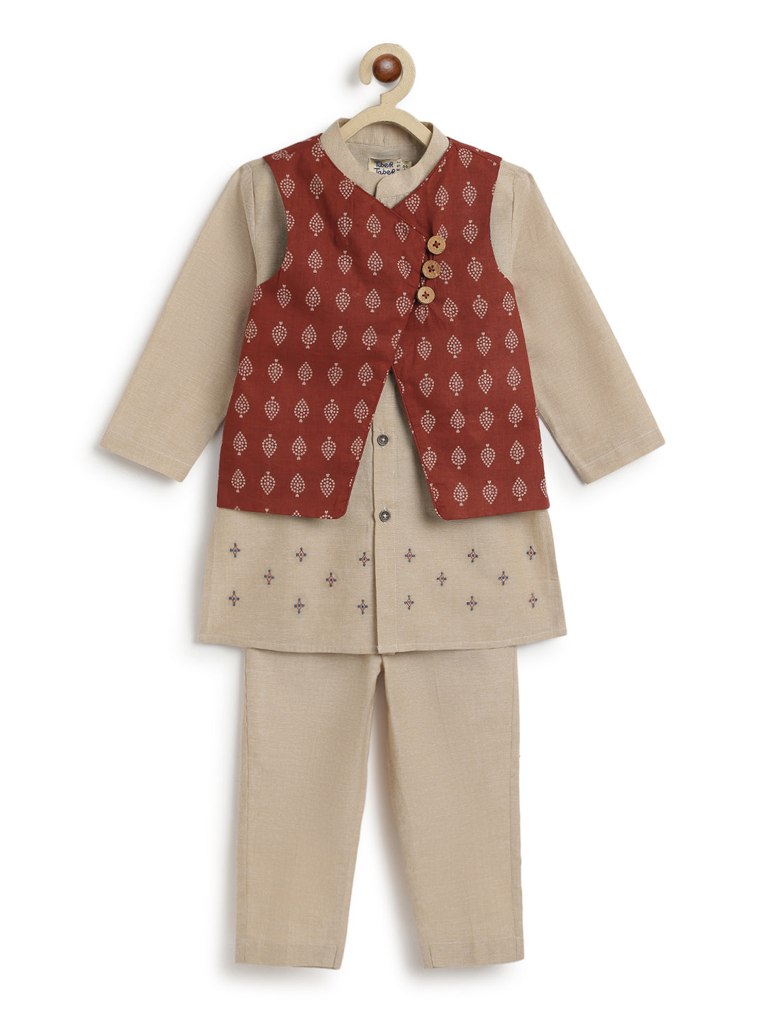 Tiber Taber Boys Buta Print Kurta, Waistcoat and Pyjama Set, Beige and Navy Blue