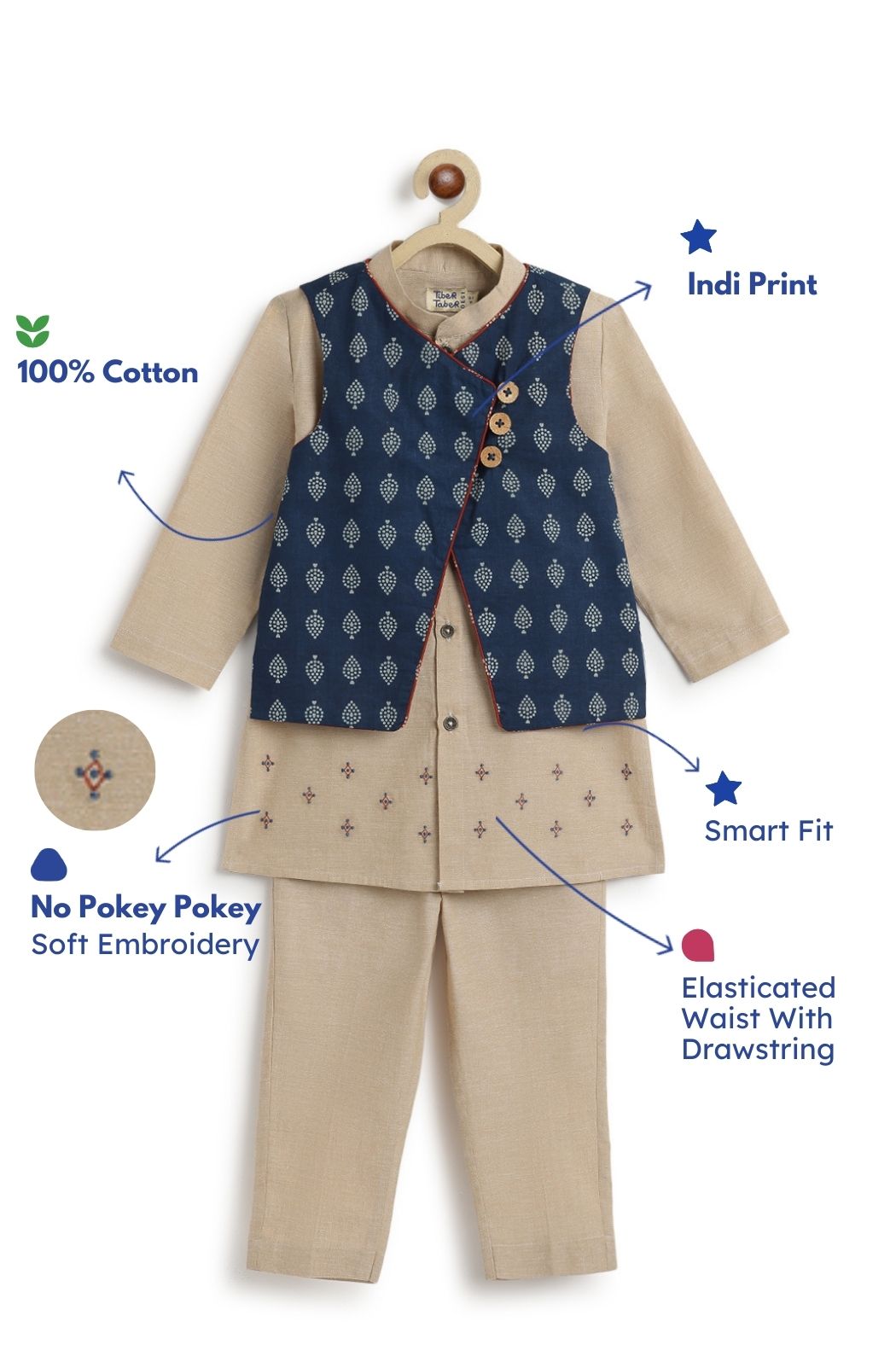 Tiber Taber Boys Buta Print Kurta, Waistcoat and Pyjama Set, Beige and Navy Blue