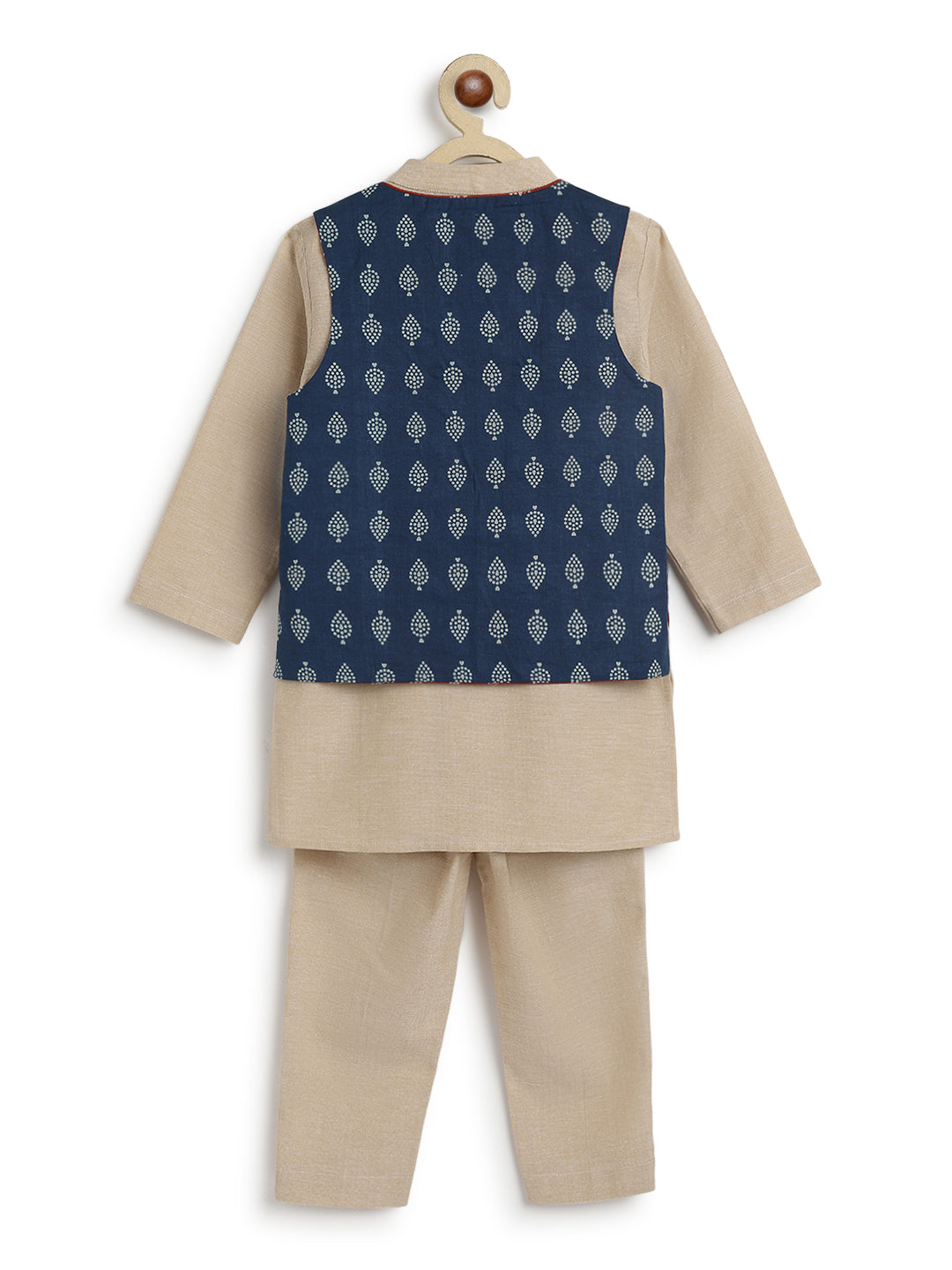 Tiber Taber Boys Buta Print Kurta, Waistcoat and Pyjama Set, Beige and Navy Blue