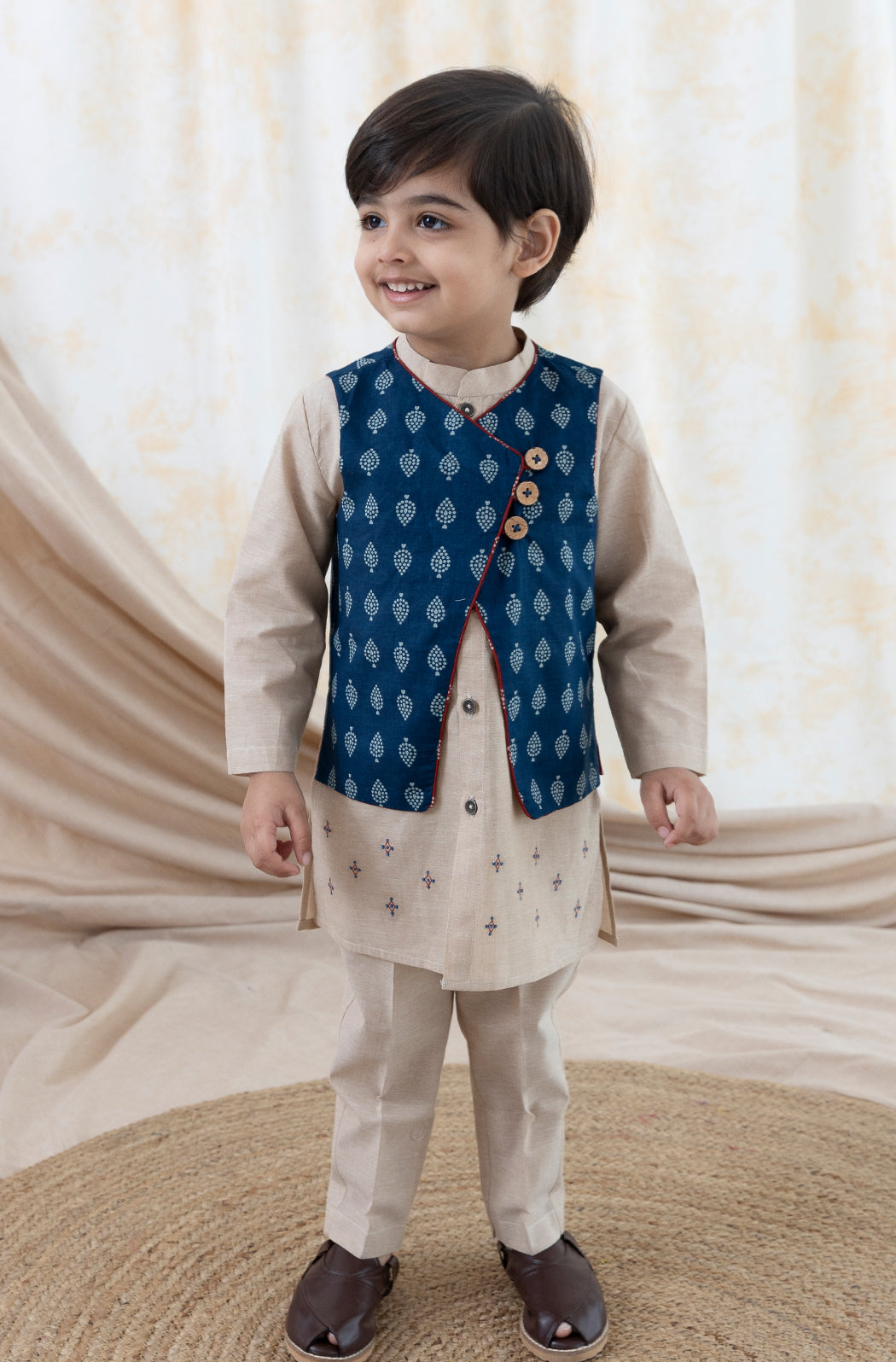 Tiber Taber Boys Buta Print Kurta, Waistcoat and Pyjama Set, Beige and Navy Blue