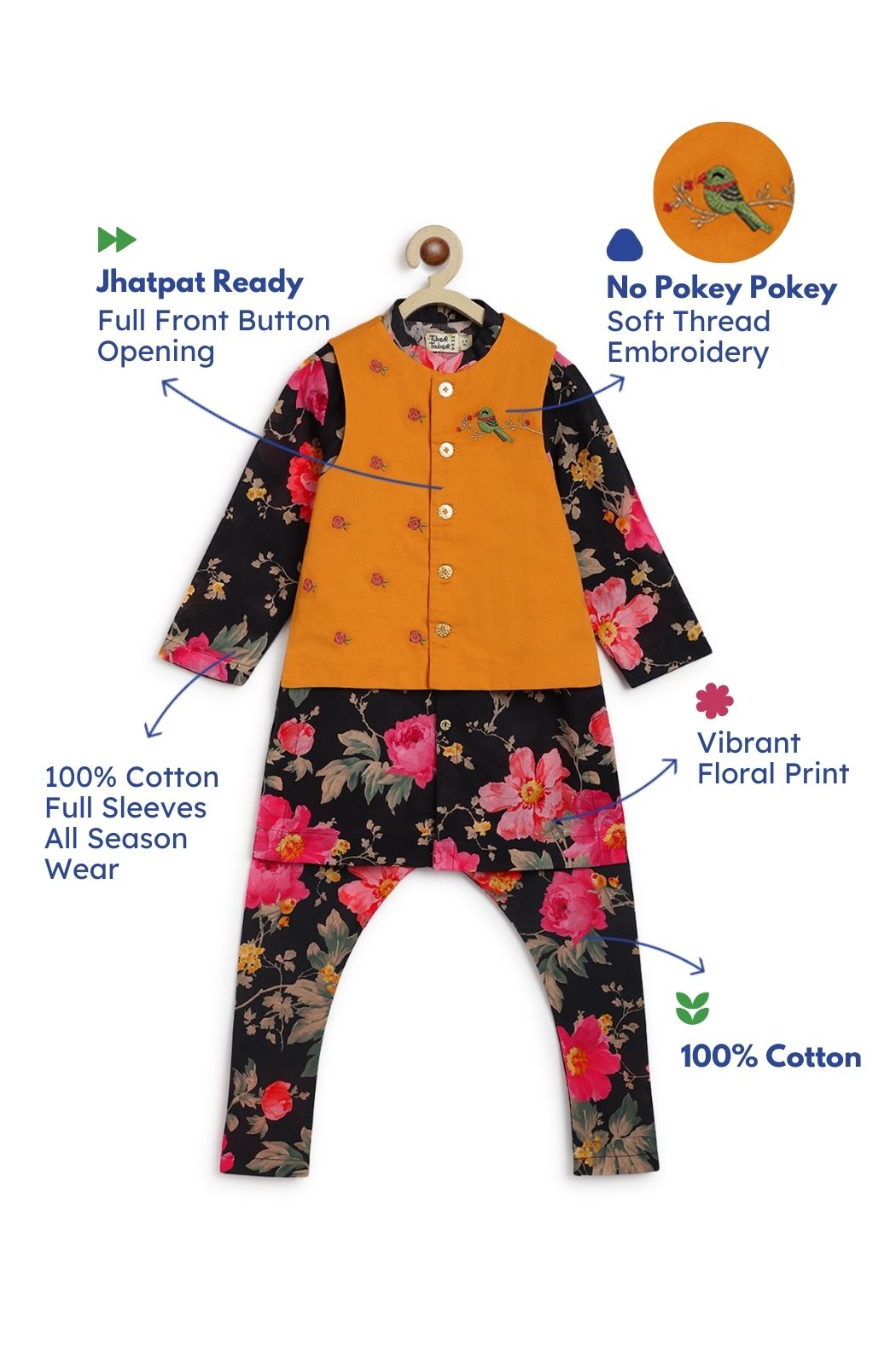 Tiber Taber Boys Floral Print Kurta, Waistcoat and Pyjama Set, Black and Mustard Yellow