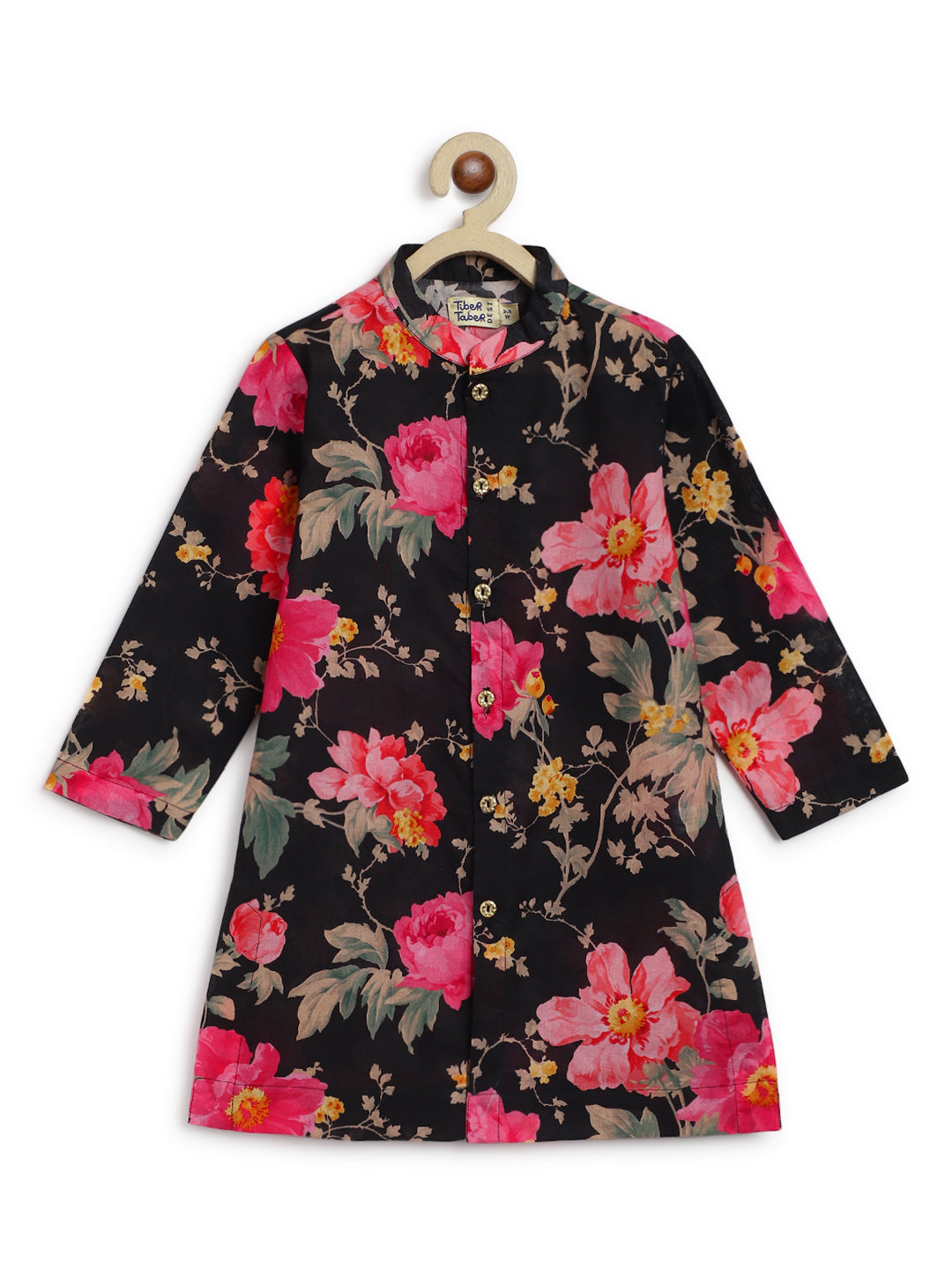 Tiber Taber Boys Floral Print Kurta, Waistcoat and Pyjama Set, Black and Mustard Yellow