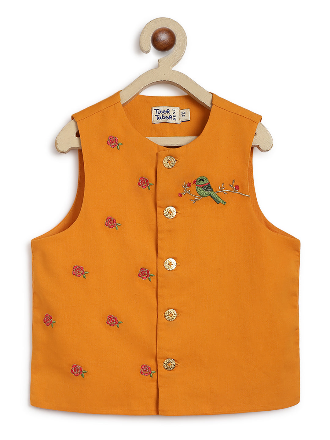 Tiber Taber Boys Floral Print Kurta, Waistcoat and Pyjama Set, Black and Mustard Yellow