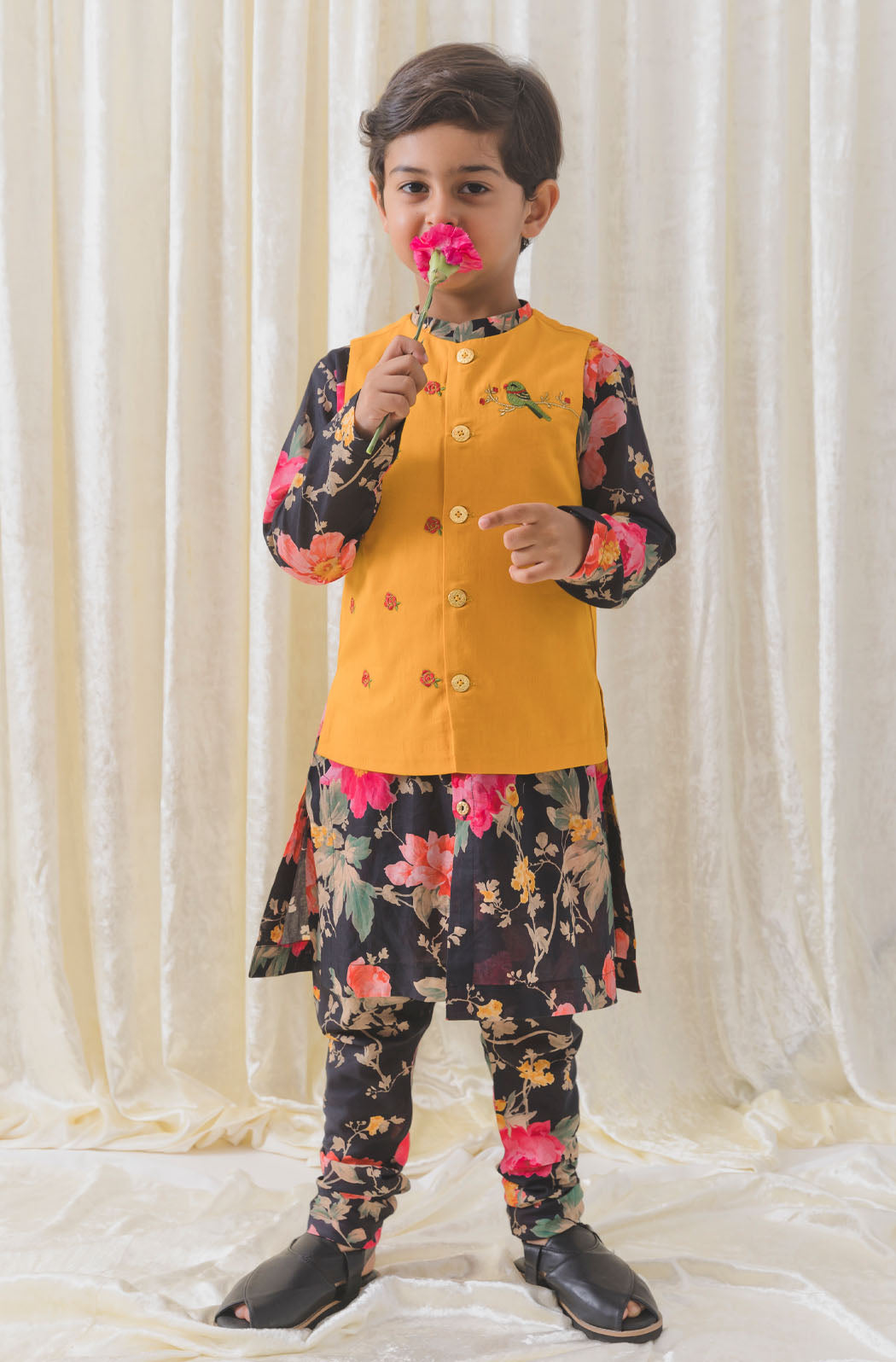 Tiber Taber Boys Floral Print Kurta, Waistcoat and Pyjama Set, Black and Mustard Yellow