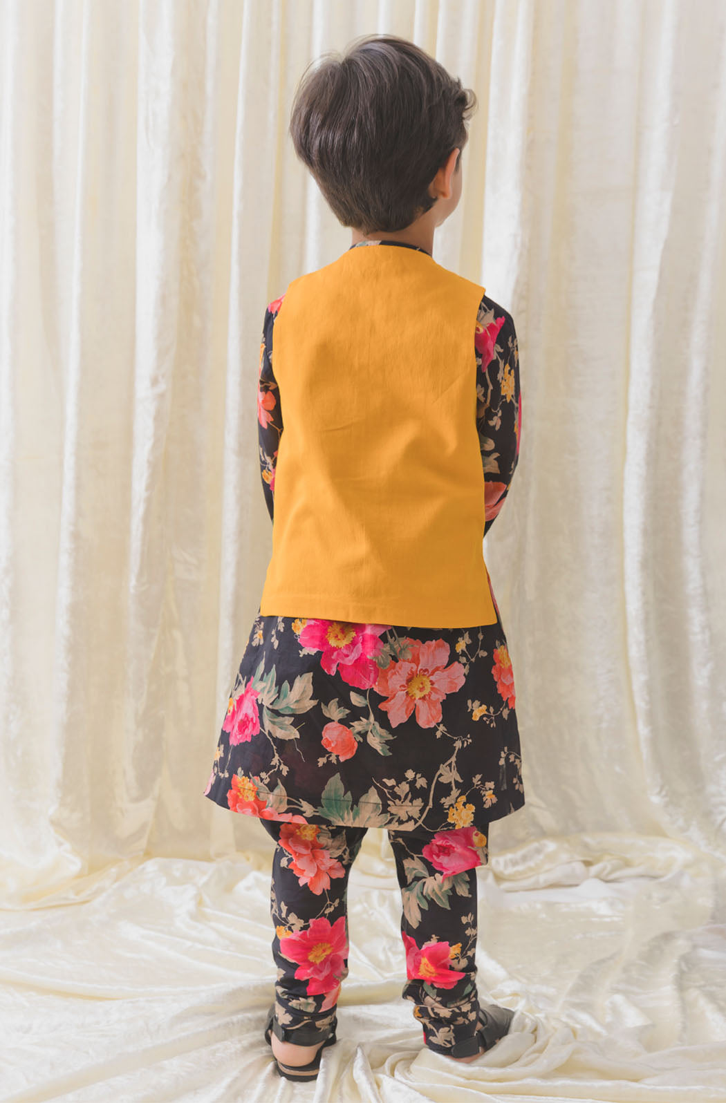 Tiber Taber Boys Floral Print Kurta, Waistcoat and Pyjama Set, Black and Mustard Yellow