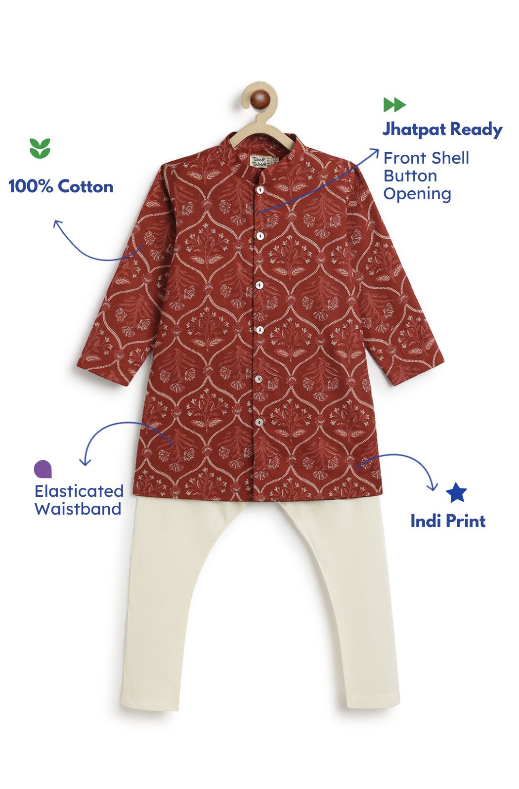 Tiber Taber Boys Printed Kurta and Pyjama Set, Maroon