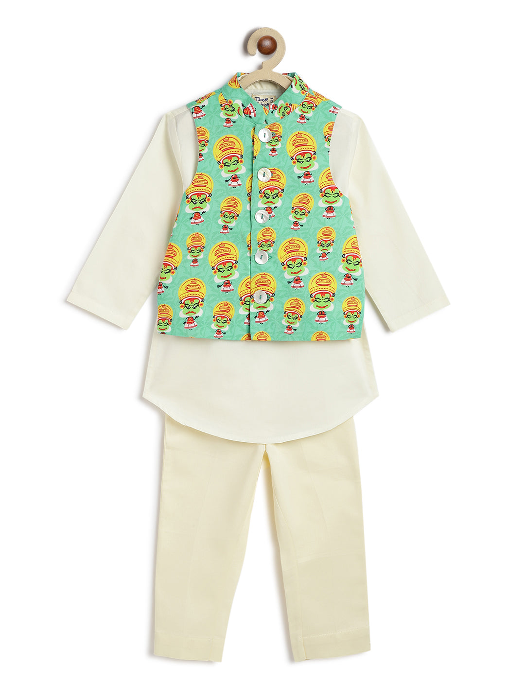 Tiber Taber Boys Printed Kurta and Pyjama Set, Ivory and Green.