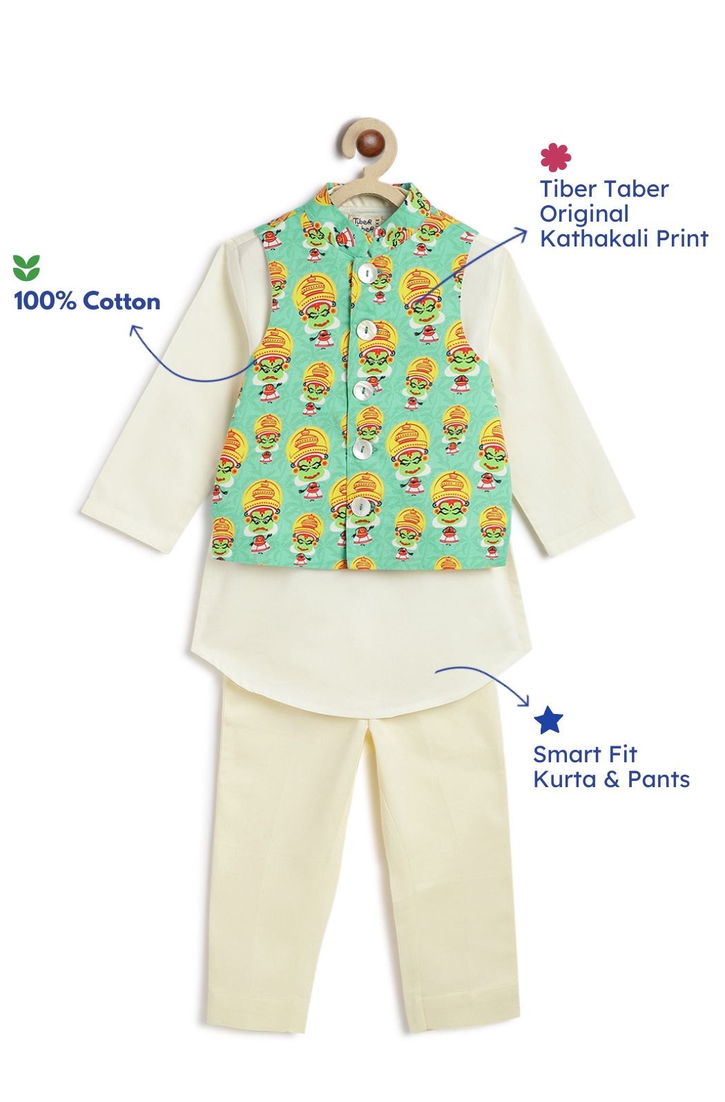 Tiber Taber Boys Printed Kurta and Pyjama Set, Ivory and Green.