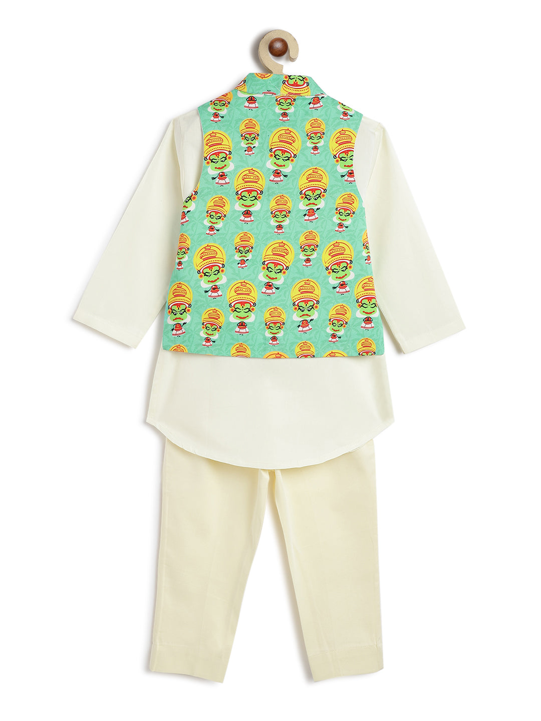 Tiber Taber Boys Printed Kurta and Pyjama Set, Ivory and Green.