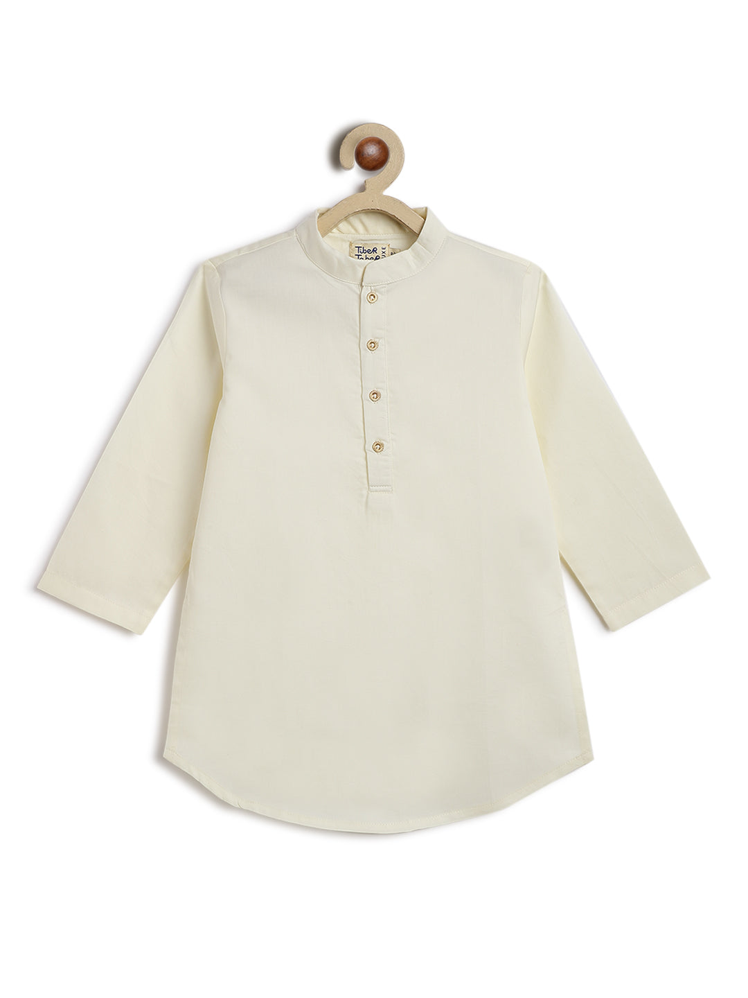 Tiber Taber Boys Printed Kurta and Pyjama Set, Ivory and Green.