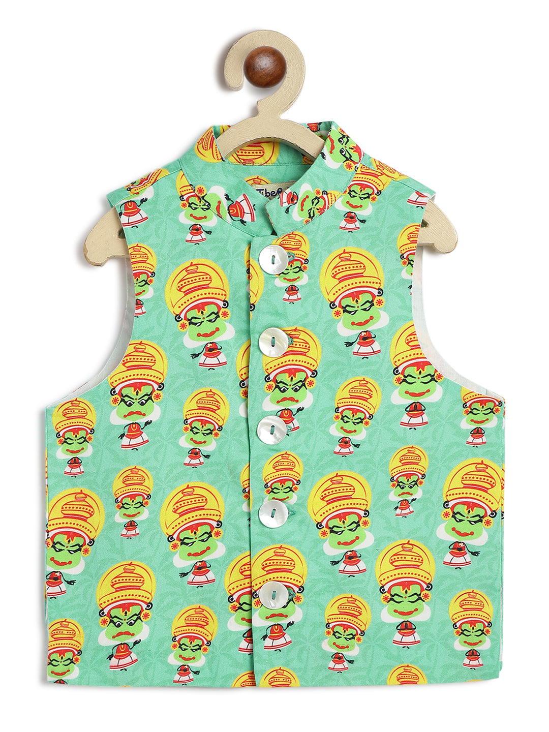 Tiber Taber Boys Printed Kurta and Pyjama Set, Ivory and Green.