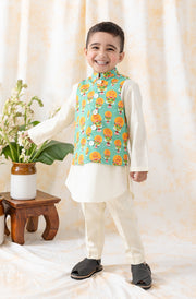 Tiber Taber Boys Printed Kurta and Pyjama Set, Ivory and Green.