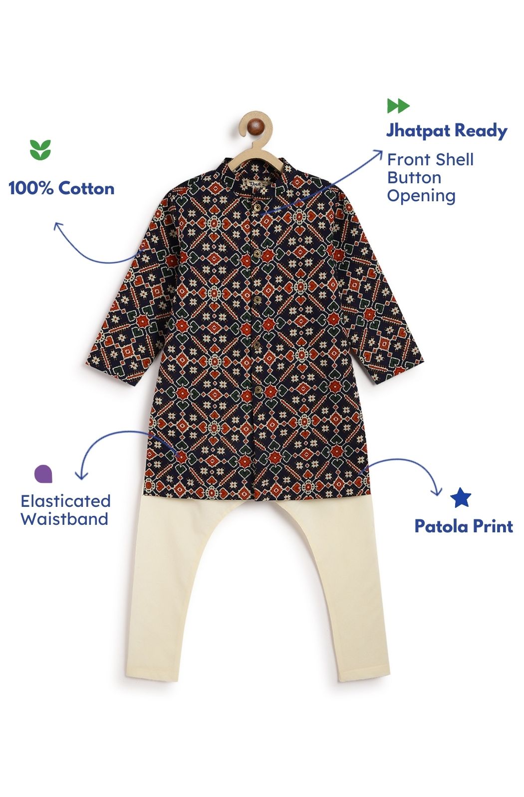Tiber Taber Boys Geometric Print Kurta and Pyjama Set, Navy Blue and Cream