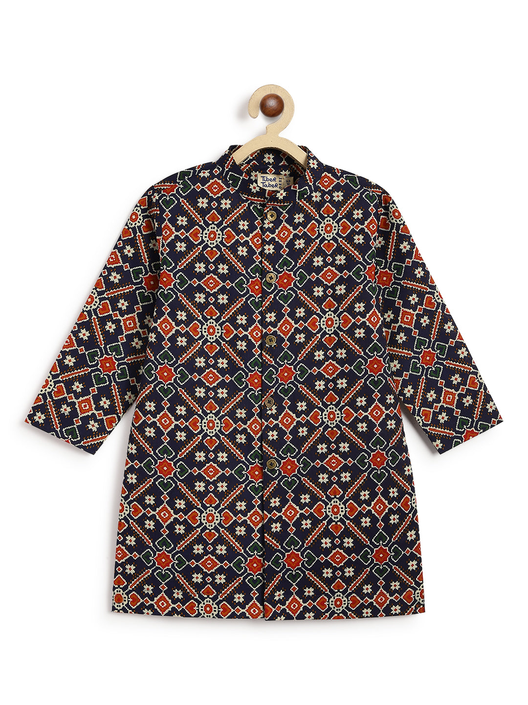 Tiber Taber Boys Geometric Print Kurta and Pyjama Set, Navy Blue and Cream