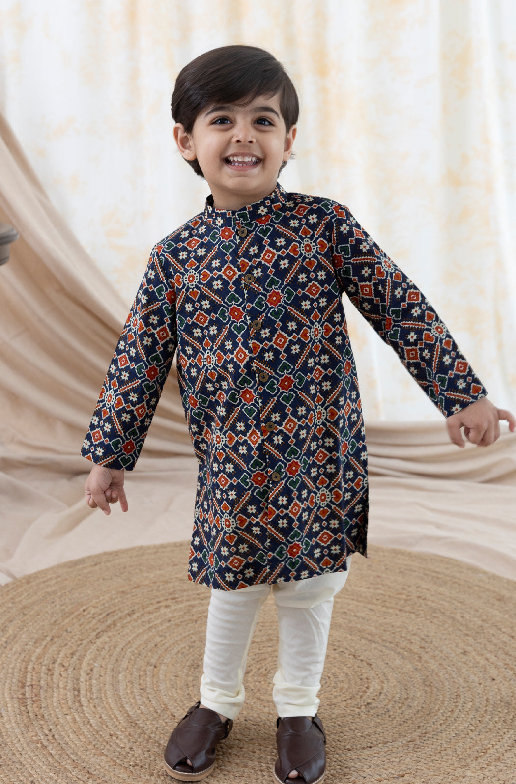 Tiber Taber Boys Geometric Print Kurta and Pyjama Set, Navy Blue and Cream