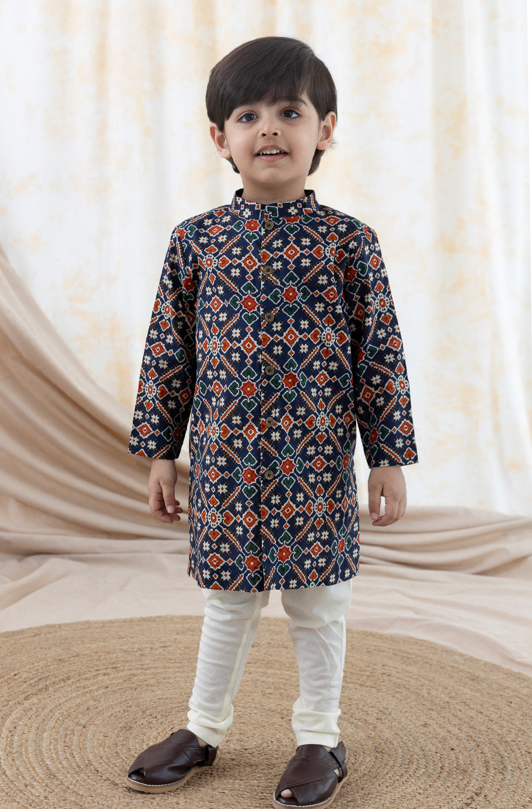 Tiber Taber Boys Geometric Print Kurta and Pyjama Set, Navy Blue and Cream