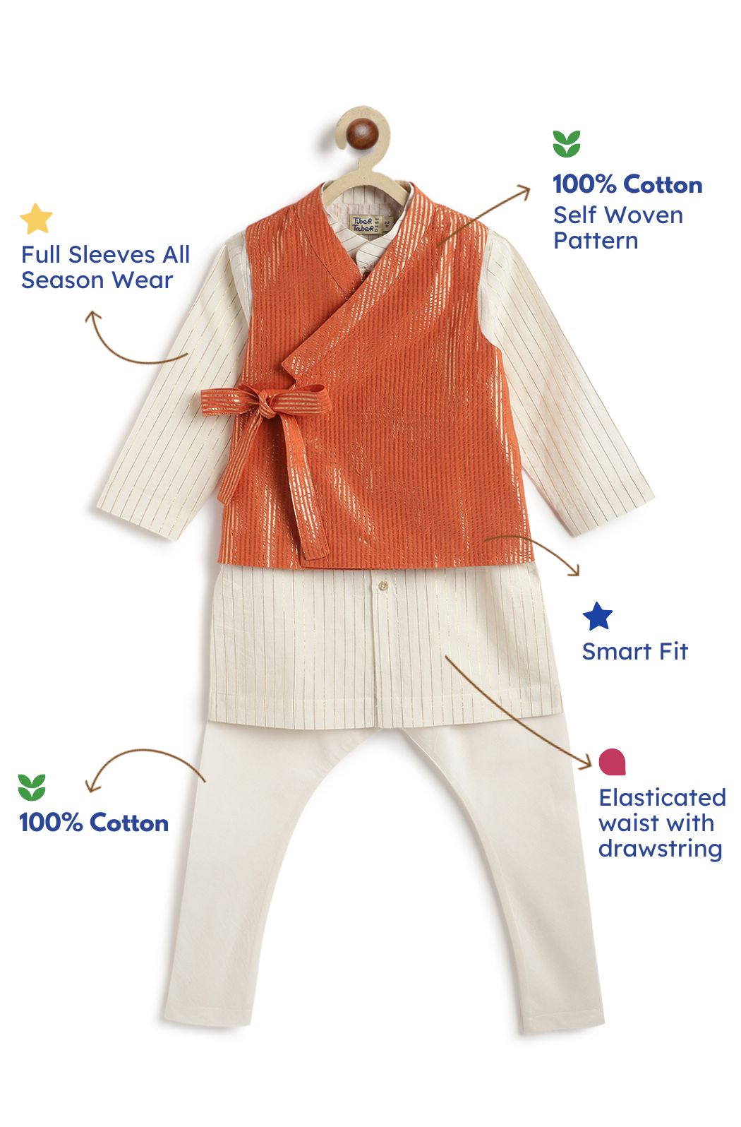 Tiber Taber Boys Printed Kurta and Pyjama Set, Orange and Off White