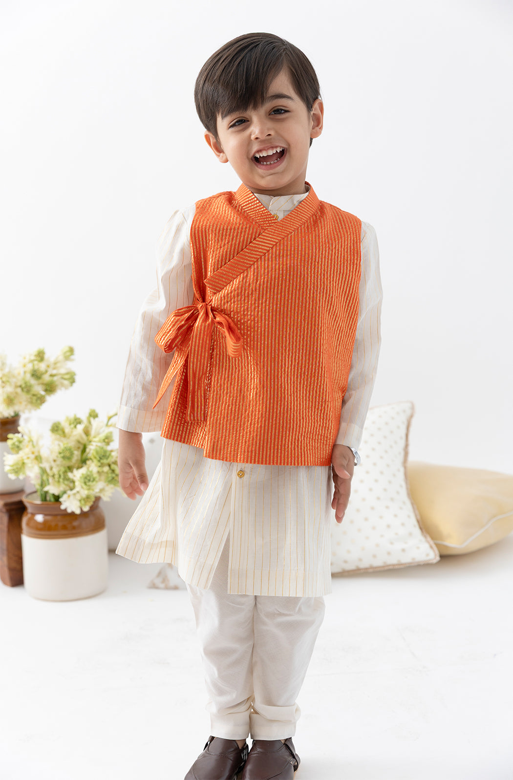 Tiber Taber Boys Printed Kurta and Pyjama Set, Orange and Off White