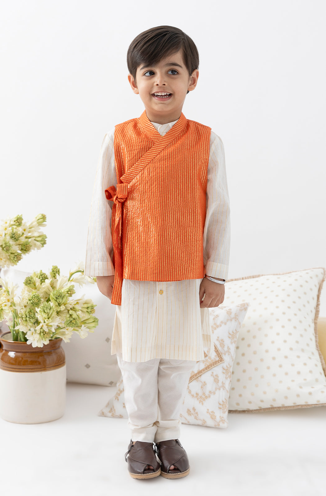 Tiber Taber Boys Printed Kurta and Pyjama Set, Orange and Off White