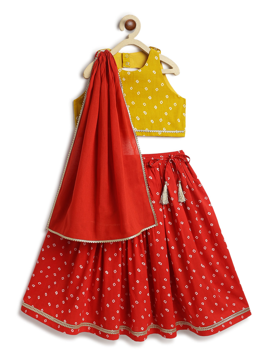 Tiber Taber Girls Bandhani Print Choli, Lehenga and Dupatta Set, Yellow and Red
