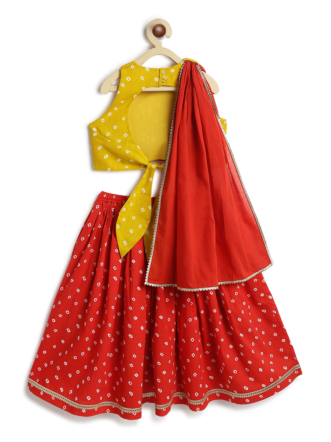 Tiber Taber Girls Bandhani Print Choli, Lehenga and Dupatta Set, Yellow and Red