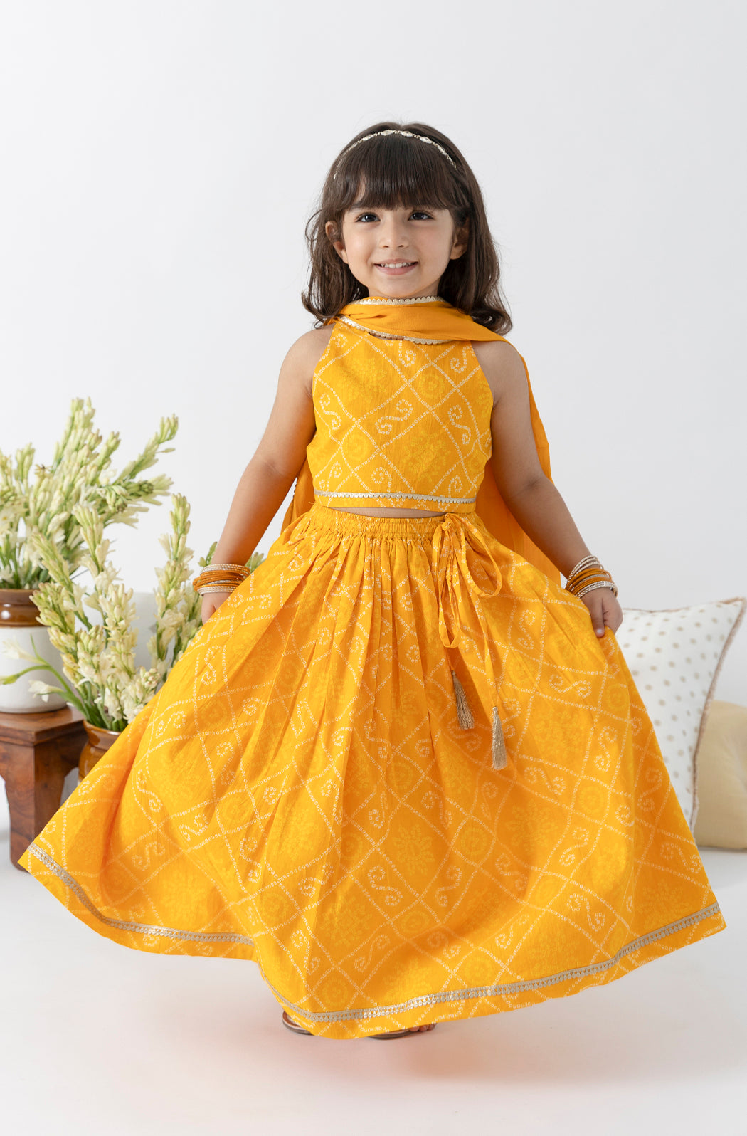 Tiber Taber Girls Bandhani Print Choli, Lehenga and Dupatta Set, Yellow