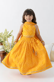 Tiber Taber Girls Bandhani Print Choli, Lehenga and Dupatta Set, Yellow