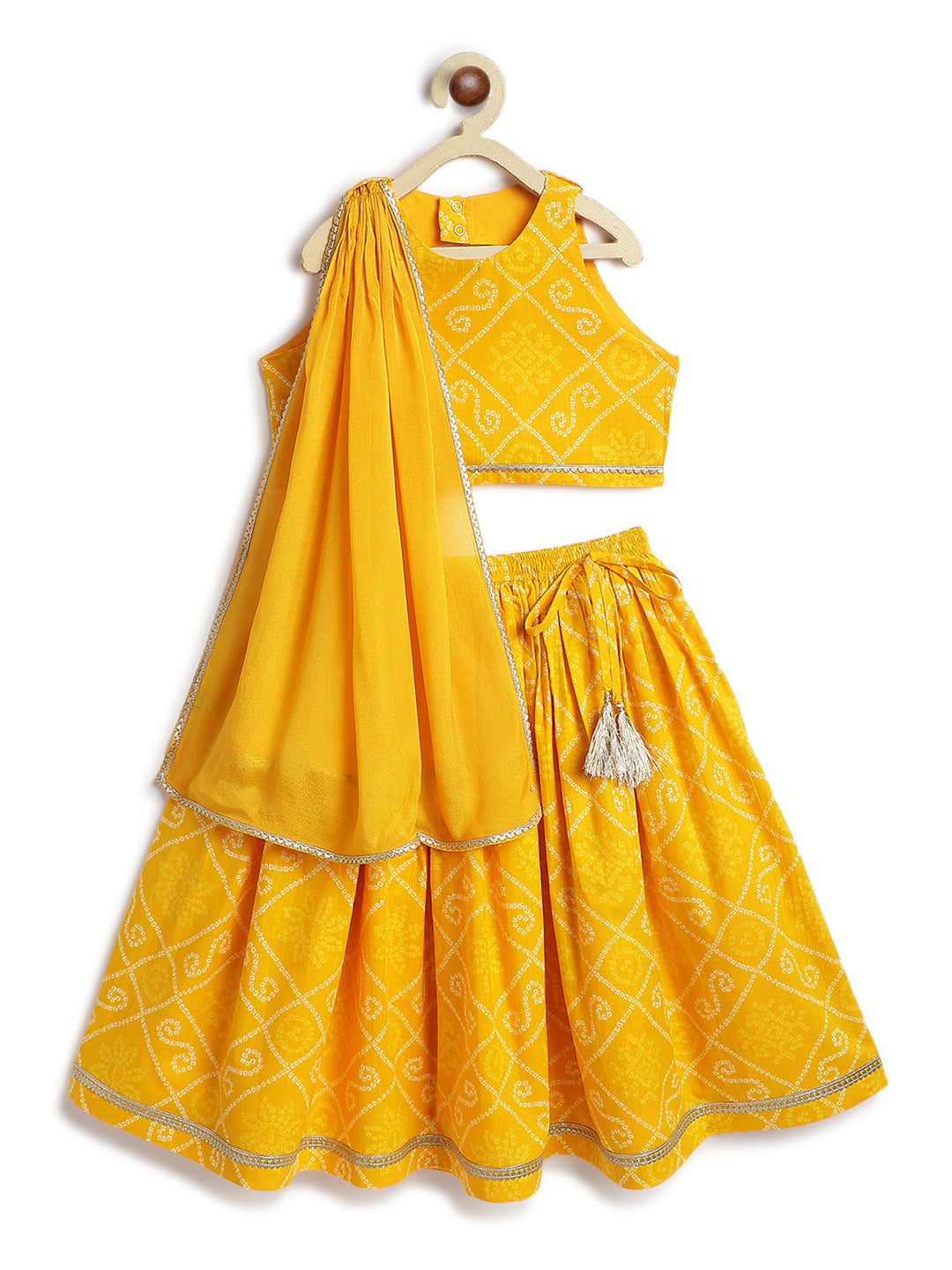 Tiber Taber Girls Bandhani Print Choli, Lehenga and Dupatta Set, Yellow