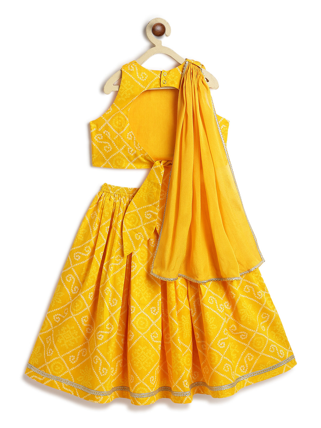 Tiber Taber Girls Bandhani Print Choli, Lehenga and Dupatta Set, Yellow