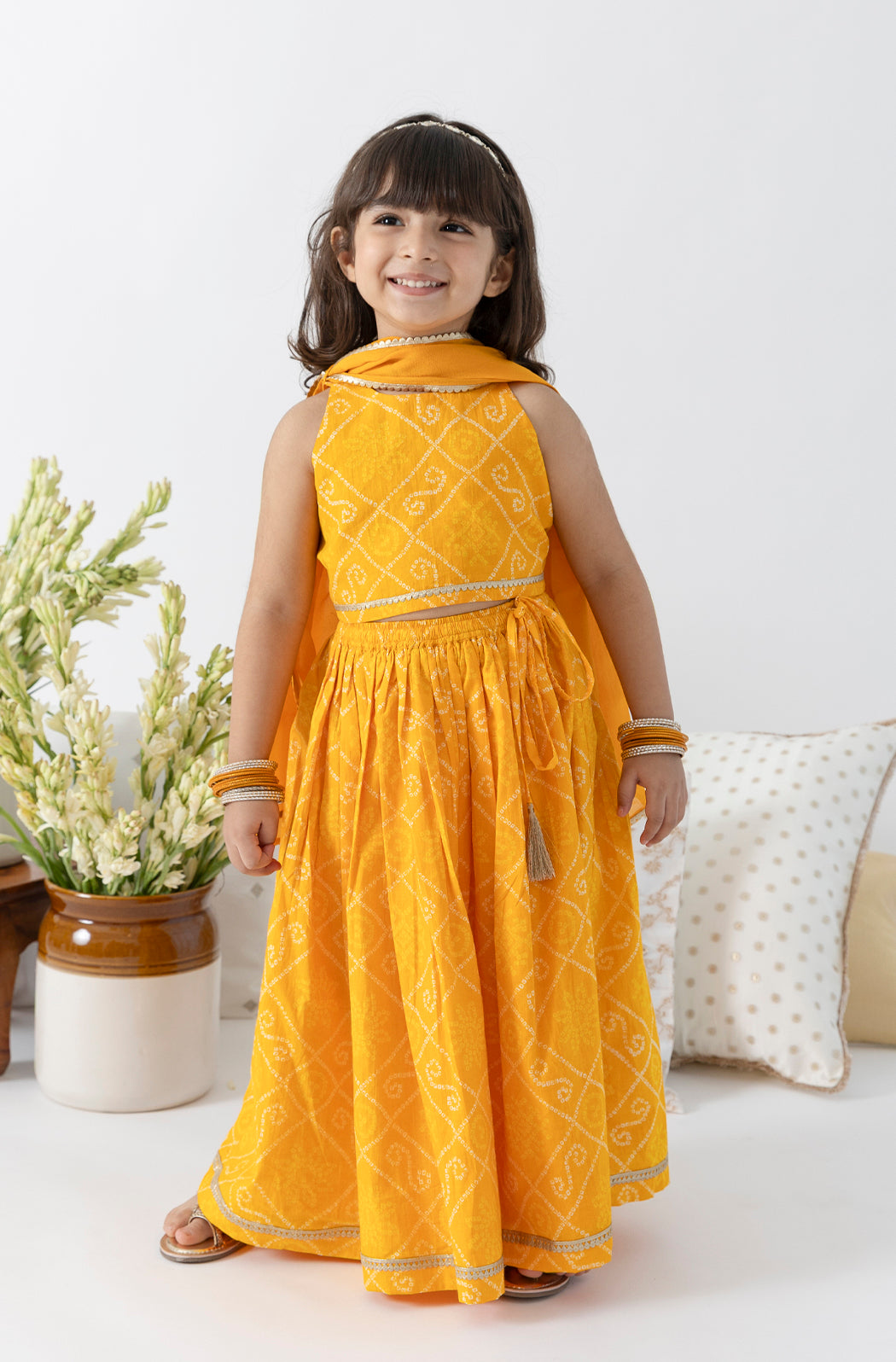 Tiber Taber Girls Bandhani Print Choli, Lehenga and Dupatta Set, Yellow